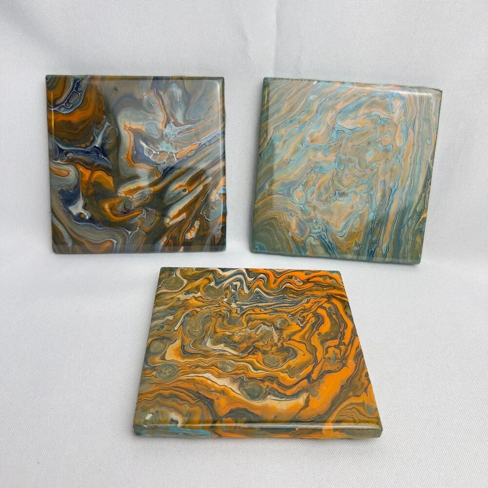 Abstract Ceramic Coasters Set of 3 Marbled Design Cork Backing Handcrafted